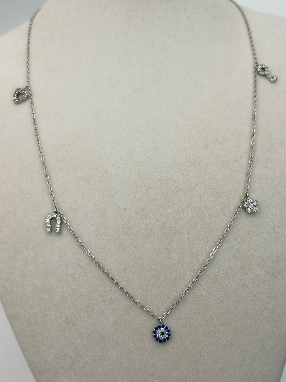 Sterling Silver Stationed Charm Necklace 18" Heart Horseshoe Key Sparkle Dainty